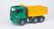 Spielzeug-Lkw in Grün und Gelb mit Kippmulde auf weißem Hintergrund.