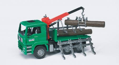Ein grüner Spielzeug-Holztransporter mit Kran lädt zwei Baumstämme. Der Kran ist rot, der Fahrerbereich hat ein 'Lemhöfer'-Logo.
