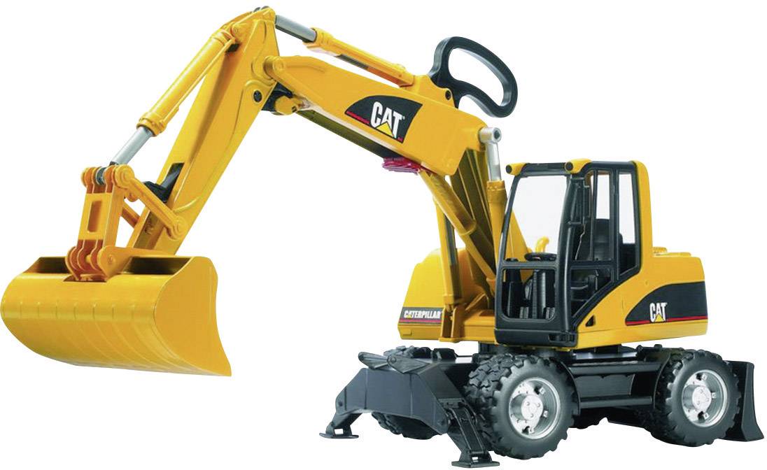 Ein gelber Bagger mit schwarzem Chassis und großem Schaufelarm, der für Bauarbeiten verwendet wird.