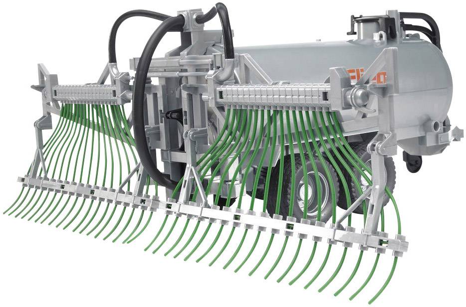 Metallisches landwirtschaftliches Gerät mit grünen Schläuchen und Düsen zum Ausbringen von Flüssigkeiten auf Feldern, vermutlich Güllefass-Anbaugerät.