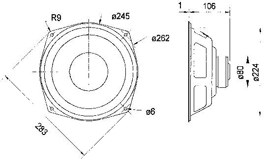 Technische Zeichnung eines Lautsprechers mit Maßen: Durchmesser 262 mm, Höhe 106 mm. Seitenansicht mit Details zu Schraubenpositionen.