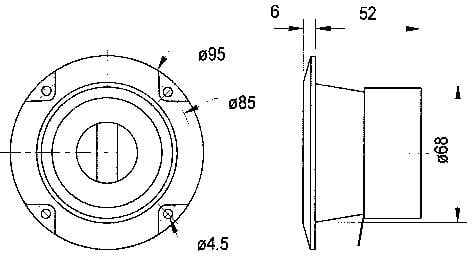 Technische Zeichnung eines Lautsprechers. Vorder- und Seitenansicht mit Maßen: Gesamtdurchmesser 95 mm, Tiefe 52 mm, Ausschnittdurchmesser 68 mm.