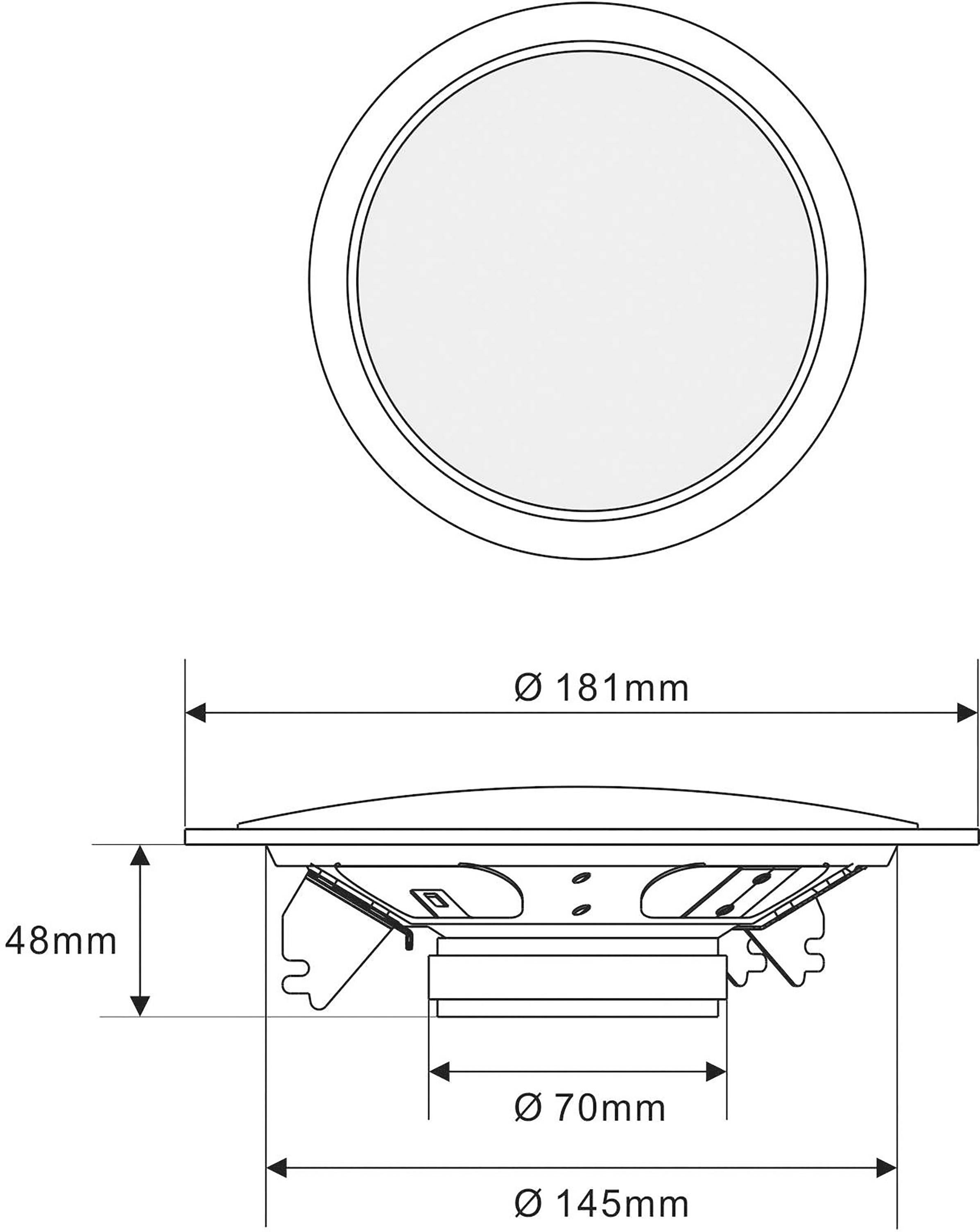 Technische Zeichnung eines runden Deckenlautsprechers mit Durchmesserangaben: vorne 181 mm, Gehäuse 145 mm, Tiefe 48 mm.