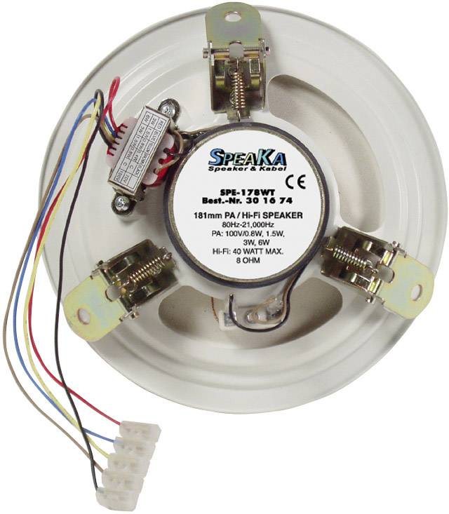 'Rückseite eines Lautsprechers mit mehreren farbigen Kabeln und einem Anschluss. Modellnummer und Spezifikationen sind sichtbar.'