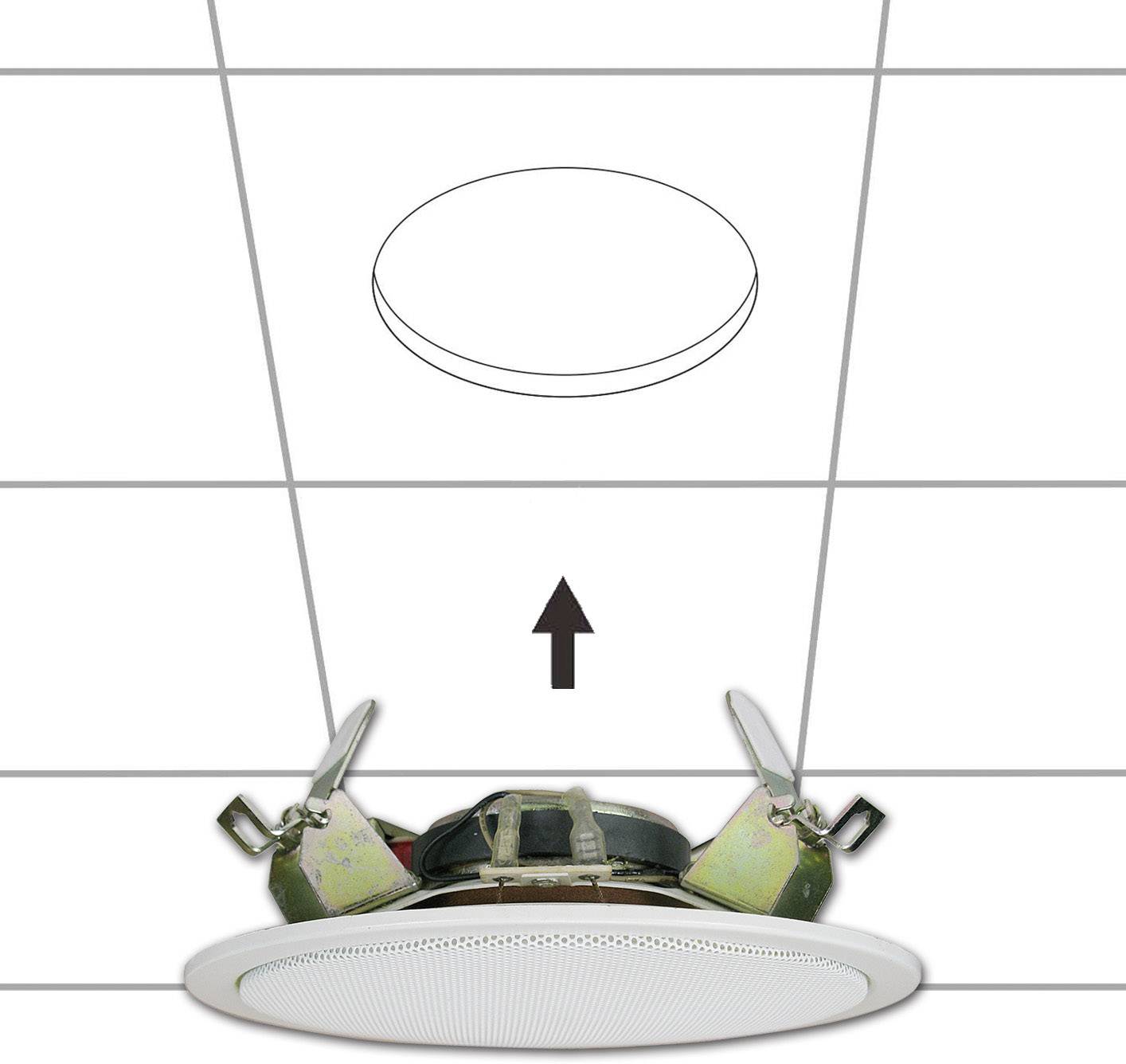 Deckeneinbaulautsprecher mit Metallklammern wird in eine Deckenöffnung eingesetzt.