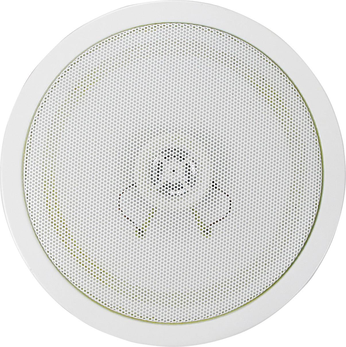 Weißer, runder Lautsprecher mit einem Gitter in der Mitte.