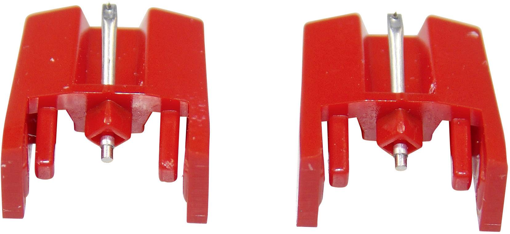 Zwei rote Ersatznadeln für einen Plattenspieler, nebeneinander abgebildet.