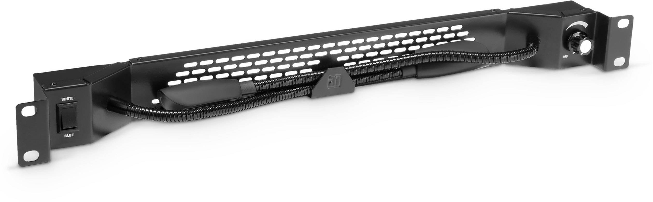 Ein schwarzes Rack-Lüftermodul mit einem Schalter und Lüftungsgittern, zur Kühlung von elektronischen Geräten in Server-Racks.