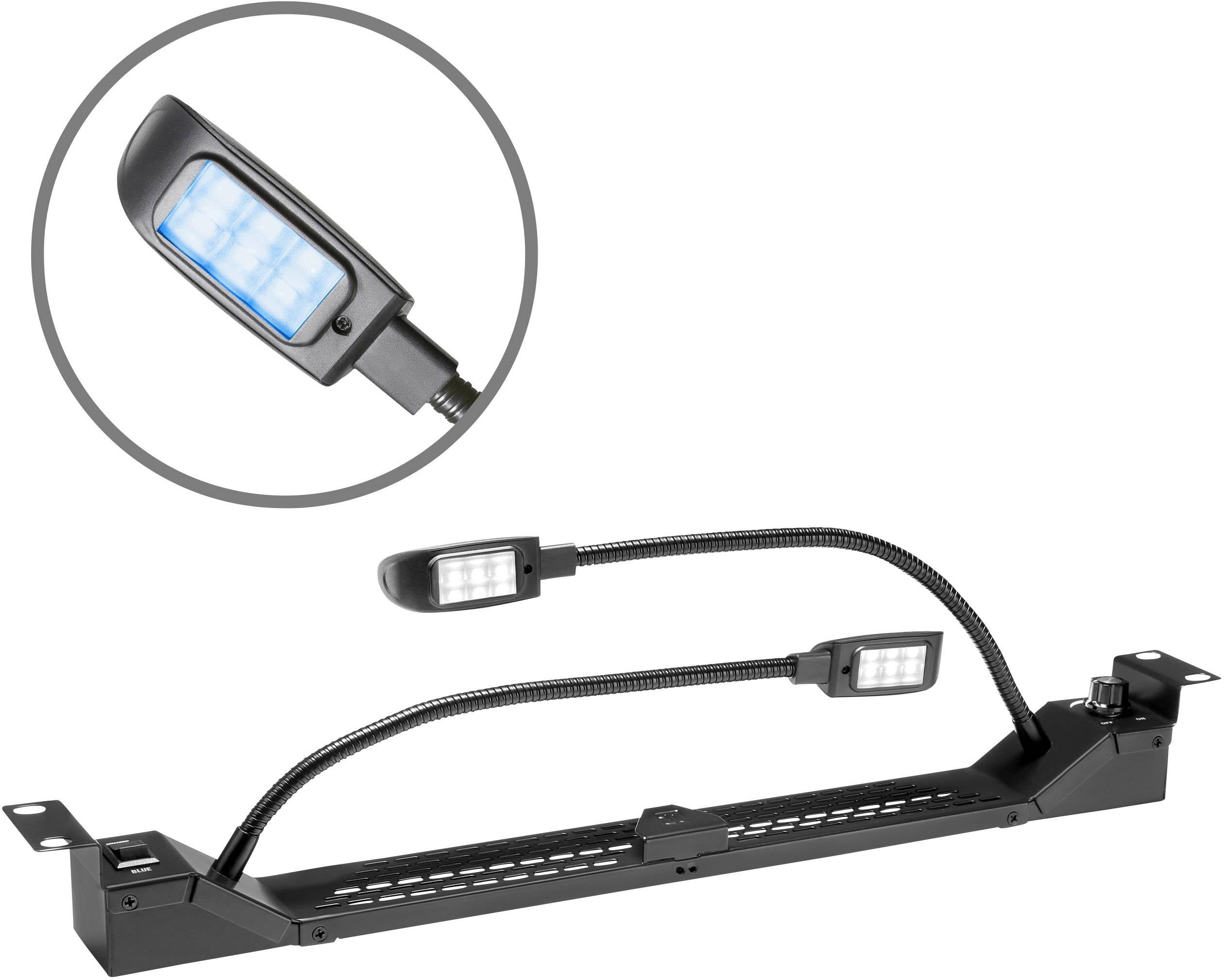 Ein schwarzes LED-Licht mit flexiblem Arm, montiert auf einem Rack. Im Kreis ist das leuchtende blaue LED-Panel zu sehen.