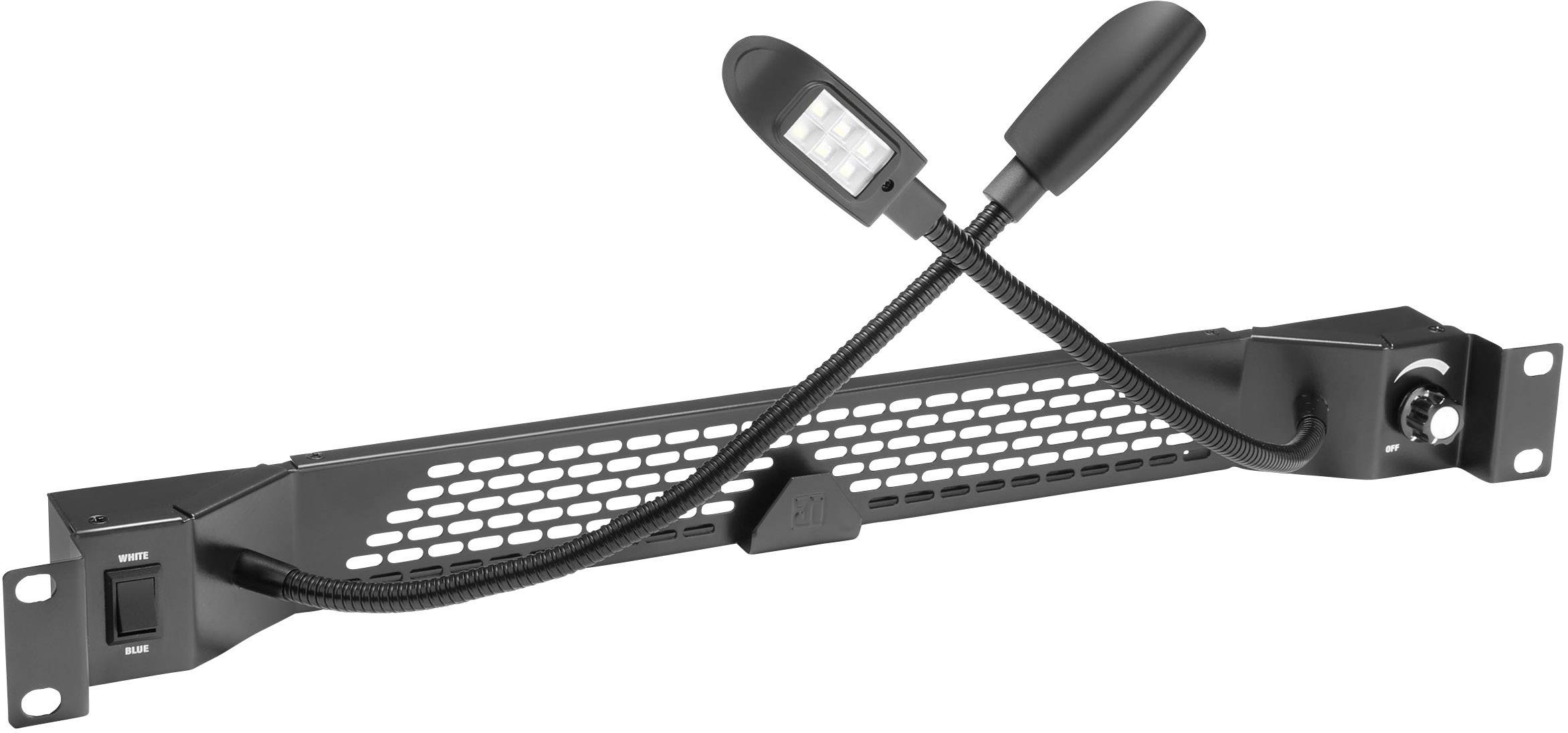 Schwarze LED-Lichtleiste mit flexiblem Arm, montiert an einem Metallgitter. Links befindet sich ein Schalter. Ideal zur Ausleuchtung von Racks.