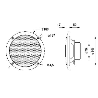'Technische Zeichnung eines runden Lautsprechers mit Abmessungen: Durchmesser 180 mm, Tiefe 50 mm. Schraubenlöcher 4,5 mm.'