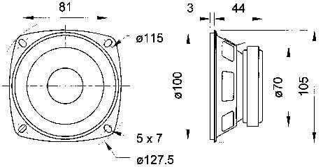 'Technische Zeichnung eines Lautsprechers mit Front- und Seitenansicht. Maße: 81 mm, 115 mm, 100 mm, 44 mm, 127,5 mm, 105 mm, 70 mm.'