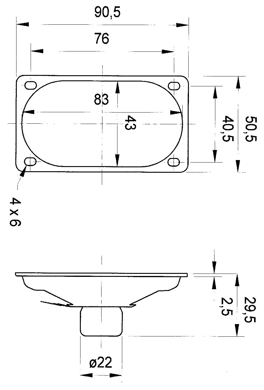 Technische Zeichnung einer rechteckigen Dichtung mit den Maßen 90,5 mm x 50,5 mm, Lochabstand 76 mm x 40,5 mm, Rohrdurchmesser 22 mm.