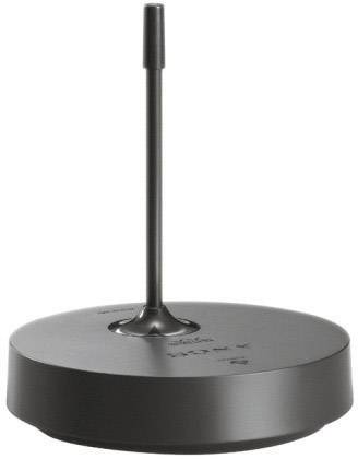 Schwarzes, rundes Mikrofon mit einer zentralen Antenne, verwendet für Konferenzen oder Präsentationen.