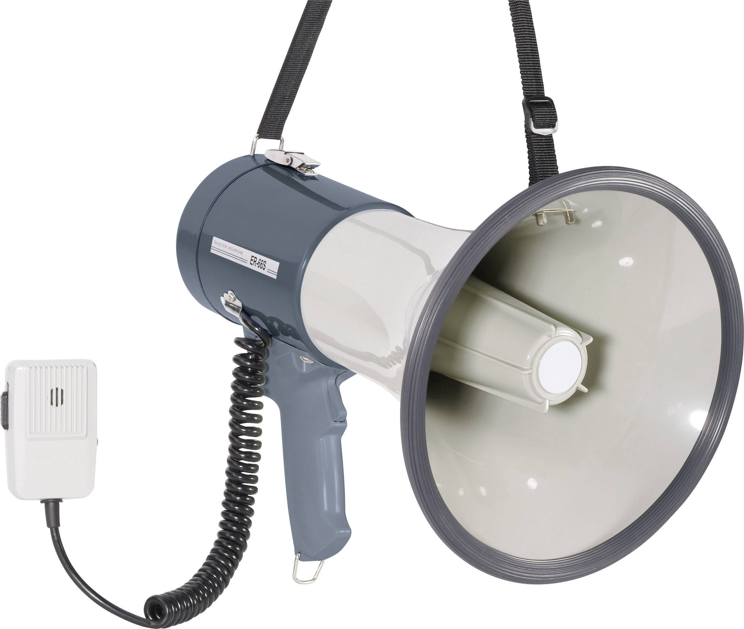 Ein blau-weißer Megafon mit schwarzem Trageriemen und Mikrofon an einem Kabel.