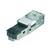 Ein RJ45-Stecker mit metallenem Gehäuse und Plastik-Überzug, geeignet für Netzwerkkabelverbindungen in IT- und Telekommunikationsanwendungen.