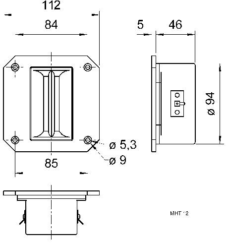 Technische Zeichnung eines Lautsprechers mit Abmessungen: Breite 112 mm, Höhe 94 mm, Tiefe 46 mm. Front- und Seitenansicht zeigen Details der Befestigung.