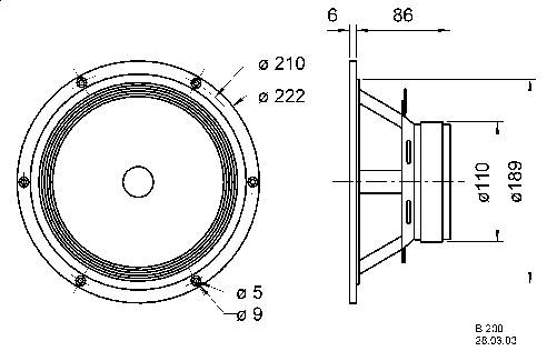 Technische Zeichnung eines Lautsprechers. Links: Vorderansicht mit Durchmesser von 222 mm. Rechts: Seitenansicht mit Tiefenmaß und weiteren Abmessungen.