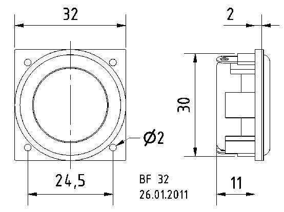 Technische Zeichnung eines runden Bauteils mit Maßangaben: Durchmesser, Tiefe und Abstände in Millimetern. Beschriftung 'BF 32'.