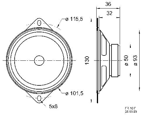 Technische Zeichnung eines kreisförmigen Lautsprechers mit Maßen in Millimetern. Vorder- und Seitenansicht mit Durchmessern und Tiefen.