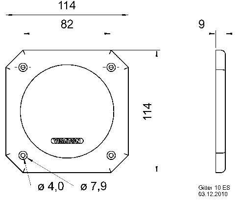 Technische Zeichnung eines quadratischen Bauteils mit kreisförmiger Vertiefung, Maßen 114x114mm, markiertem Durchmesser und Bohrungen.