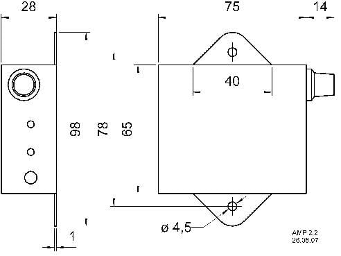 Technische Zeichnung eines rechteckigen Bauteils mit Maßen, Bohrungen und Anschlüssen, Seiten- und Draufsicht.