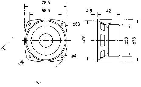Technische Zeichnung eines runden Lautsprechers mit Abmessungen: Durchmesser 58 mm, Gesamttiefe 42 mm. Seiten- und Draufsicht gezeigt.