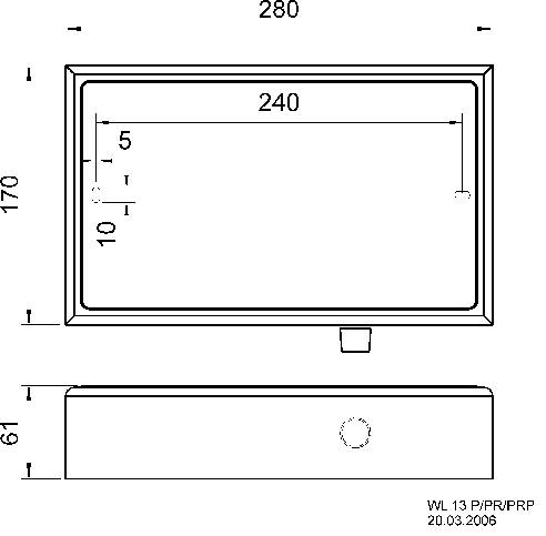 Technische Zeichnung eines rechteckigen Behälters mit Maßen: 280 mm Breite, 170 mm Höhe, 61 mm Tiefe und 240 mm Innenbreite.