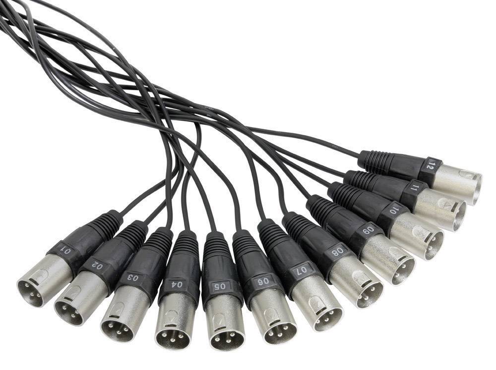 Mehrere XLR-Kabel mit nummerierten Steckern, die für den Anschluss von Audiogeräten verwendet werden.