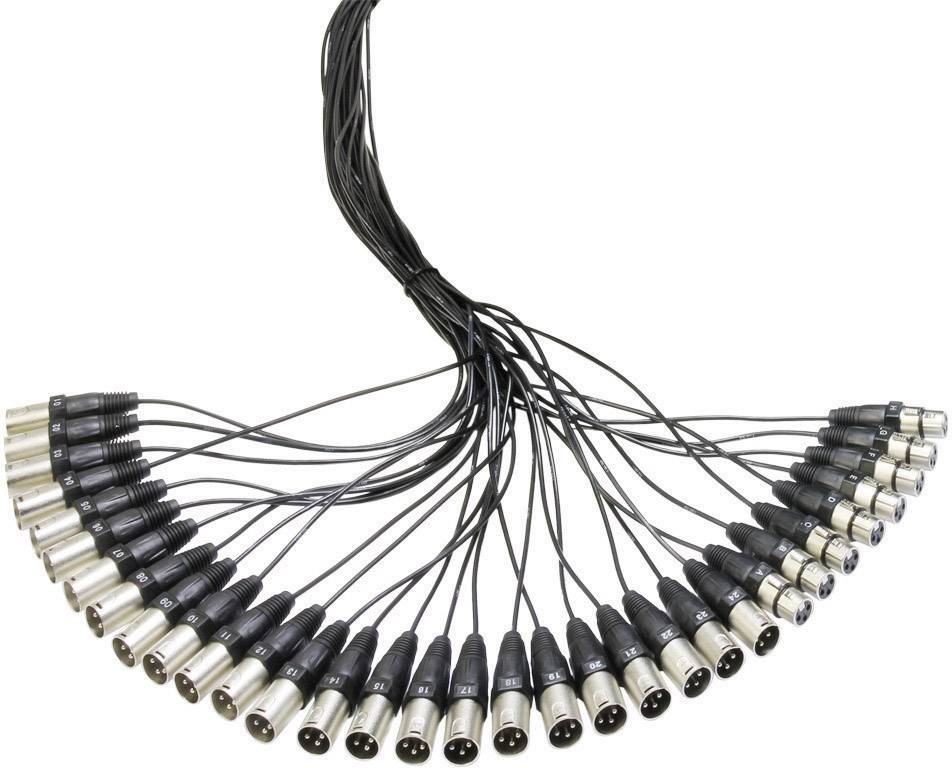 'Mehrkanal-Audiokabel mit mehreren XLR-Steckverbindern, die in einem Bogen angeordnet sind, auf weißem Hintergrund.'