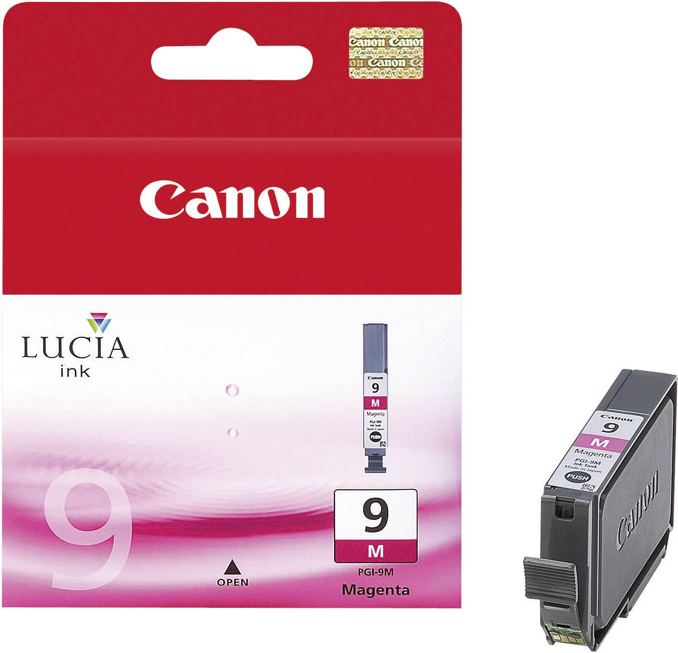 Canon Tintenpatrone in Magenta, Modell PGI-9M. Verpackung zeigt Produktbild und Logo. Geeignet für farbenfrohe Drucke.