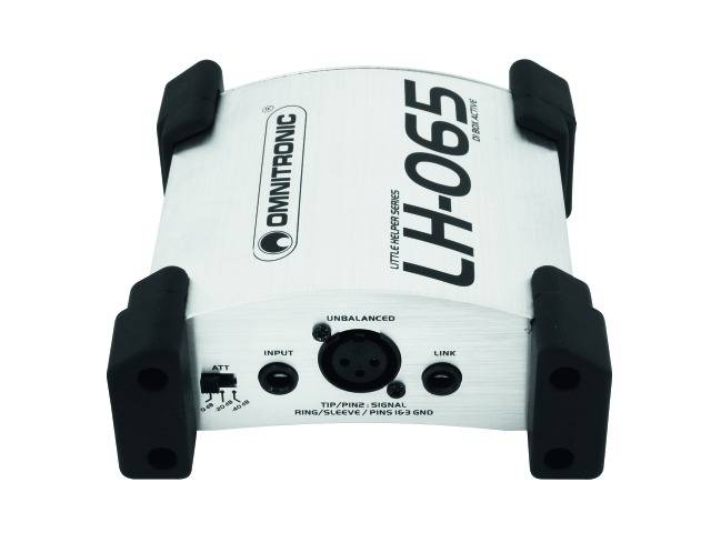 'Omnitronic LH-065' Little Helper Series, silbernes Audio-Gerät mit Eingangs- und Ausgangsanschlüssen, gummierte Ecken.