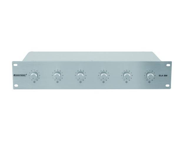 Silbernes Audiogerät mit sechs Drehreglern auf der Vorderseite; dient zur Anpassung von Audioeinstellungen in einem elektronischen System.
