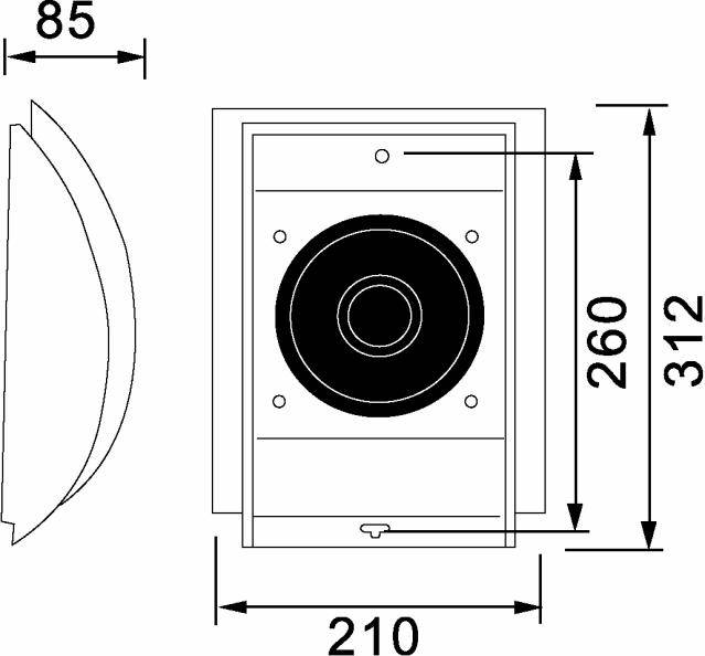 Technische Zeichnung eines Lautsprechers mit Abmessungen: Tiefe 85 mm, Breite 210 mm, Höhe 312 mm, Lautsprecherhöhe 260 mm.