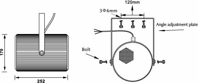 Technische Zeichnung eines rechteckigen Lautsprechers mit Maßen: 170 mm Höhe, 252 mm Breite. Seitlich: Schrauben und Verstellplatte.
