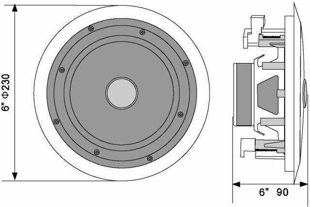 Abbildung eines Lautsprechers mit Front- und Seitenansicht. Durchmesser 230 mm, Einbautiefe 90 mm. Technische Zeichnung mit Maßangaben.