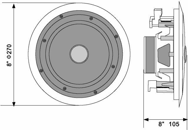 Technische Zeichnung eines runden Lautsprechers, Durchmesser 8 Zoll, mit detaillierter Seitenansicht und Abmessungen.