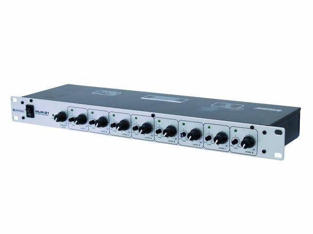 Ein Audiomixer mit acht Kanälen, Drehreglern und Anschlussbuchsen. Geeignet für die Verteilung von Audio in professionellen Umgebungen.