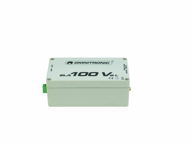 Kleines, rechteckiges, weißes Gerät mit der Aufschrift 'OMNITRONIC ELA 100 VL', vermutlich eine elektronische Komponente oder ein Adapter.
