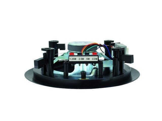 Ein Deckenlautsprecher mit sichtbarer Kabelverbindung und Leistungseinstellung von 1,25 W, 2,5 W und 5 W, montierbar in einer Decke.