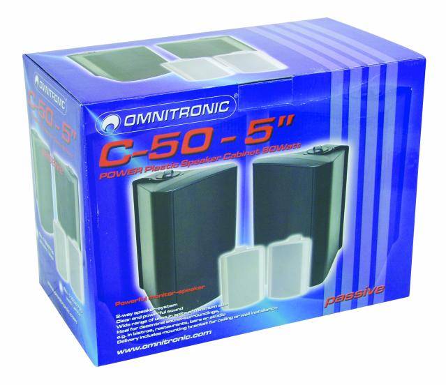 Verpackung einer Omnitronic C-50 5'' Lautsprecherbox, zeigt das Produktbild und Spezifikationen auf der Vorderseite.