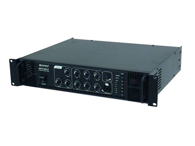 Ein schwarzer Audiomischer-Verstärker mit mehreren Drehknöpfen und Schaltern auf der Vorderseite, verwendet für professionelle Audiosysteme.