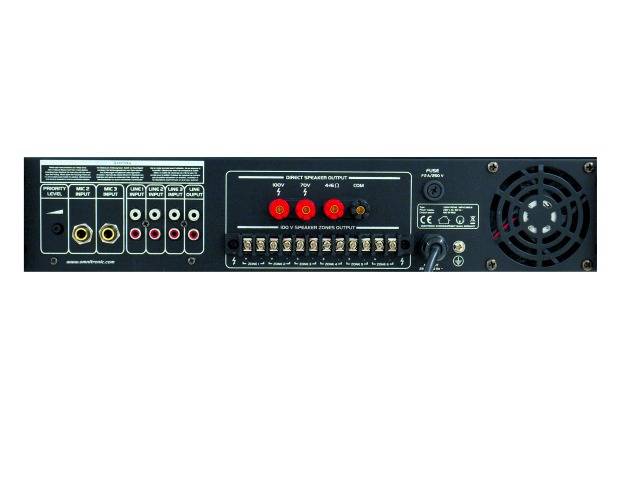 Rückansicht eines Audiogeräts mit diversen Anschlüssen, darunter Lautsprecherklemmen und Lüfter. Text: 'Direct Speaker Output'.