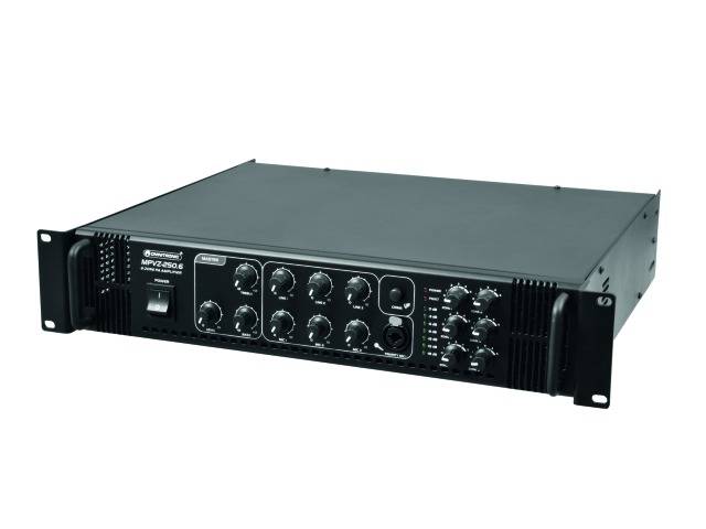 Schwarzer Audiomixer-Verstärker im Rack-Format mit mehreren Drehknöpfen zur Steuerung der Lautstärke und Audioeinstellungen.