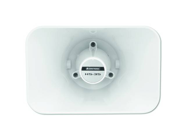 Weißer Hornlautsprecher, rechteckig geformt, frontal abgebildet mit Marke und Modellnummer 'HS-35' auf der Vorderseite.