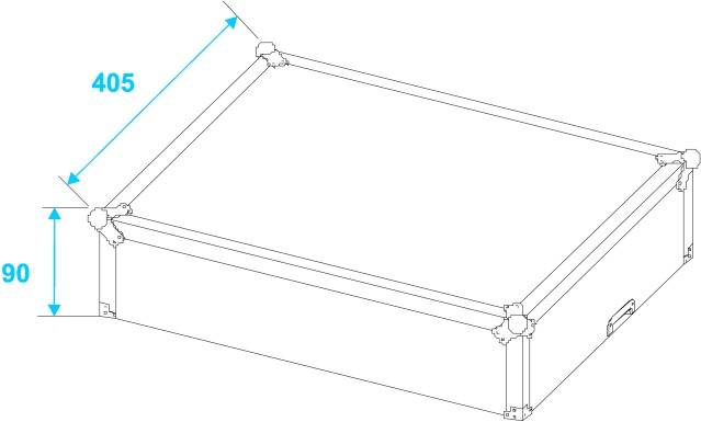 Ein rechteckiger Kasten mit den Maßen 405 x 90, perspektivisch dargestellt, mit verschraubten Ecken und einem Handgriff an der Seite.