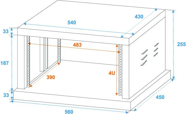 Diagramm eines Netzwerkschranks mit Abmessungen: Breite 540 mm, Tiefe 450 mm, Höhe 255 mm. Innenmaß 483 mm Breite, 390 mm Tiefe.