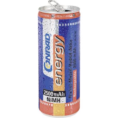 Eine Batterieverpackung mit der Aufschrift 'Conrad energy Nickel-Metall-Hydrid-Akku 2500 mAh NiMH Wiederaufladbar'.