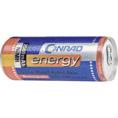 Nickel-Metall-Hydrid-Akku, Markenname 'Conrad Energy', Kapazität 2500 mAh, wiederaufladbar, zylindrische Form mit farbiger Hülle.