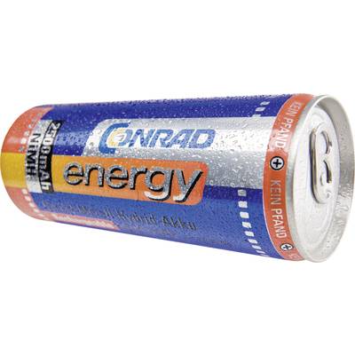Eine AA-Batterie mit der Aufschrift 'Conrad Energy'. Die Batterie ist nass und auf der Seite steht 'Kein Pfand'.